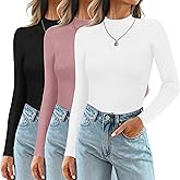 Ekouaer 3 Pack Mock Turtlenecks Tops for Women Long Sleeve Ribbed Shirts Thermal Slim Fit Lightweight Undershirts S-XXL