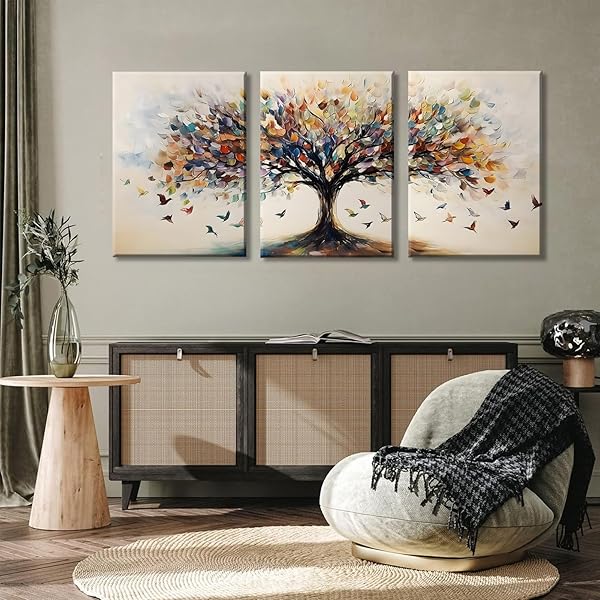 QENUNDME 3PCS TREE OF LIFE CANVAS WALL ART FOR LIVING ROOM WALL DECOR ARTWORK LARGE ABSTRACT COLORFUL BLOOMING TREE PRINTS PICTURES PAINTINGS MODERN TREE POSTER BEDROOM OFFICE HOME DECOR 16X24IN