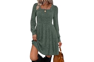 Sampeel Womens Square Neck Long Sleeve Fall Dresses Casual Babydoll Sweater Dress