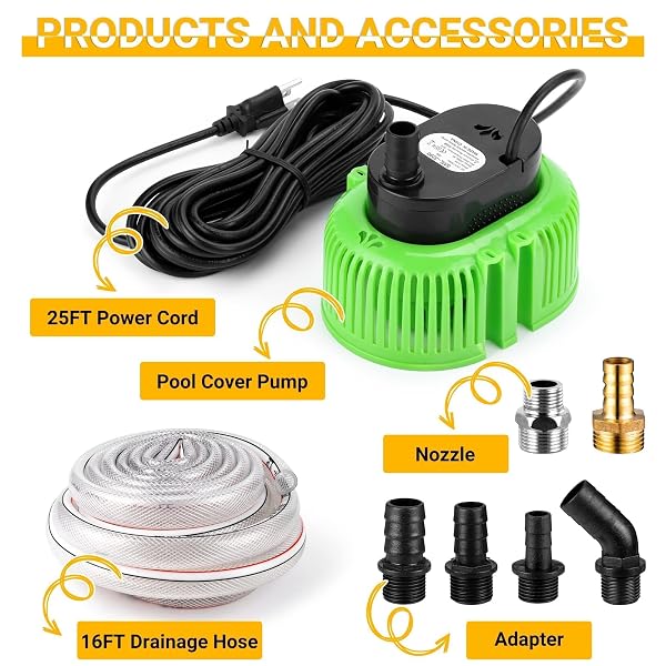 POOL COVER PUMP ABOVE GROUND – SUBMERSIBLE WATER SUMP PUMP SWIMMING WATER REMOVAL PUMPS, WITH DRAINAGE HOSE & 25 FEET EXTRA LONG POWER CORD, 850 GPH, 6 ADAPTERS