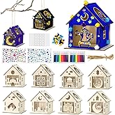 9PCS Ramadan Crafts Wooden House with 24 Paint Pens, Ramadan Activities for Boys and Girls Aged 3-12, Islamic DIY Ramadan Goodies for Eid Mubarak Gifts Favors Party Supplies Bulk Decorations