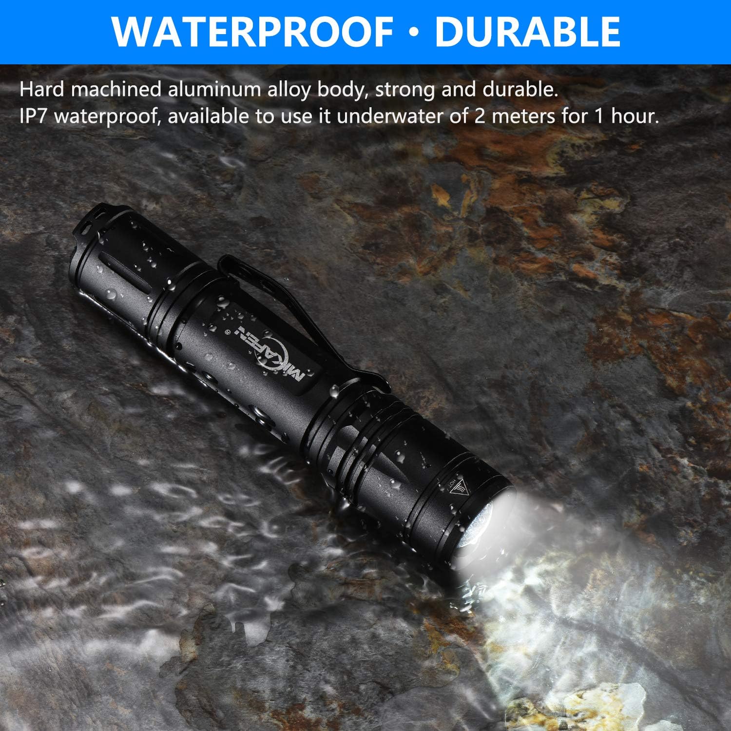 MIKAFEN Rechargeable LED Flashlight 1200 Lumens, IP7 Waterproof, 3 Modes, High Lumen Tactical Flashlight (18650 Battery Include) - - 
