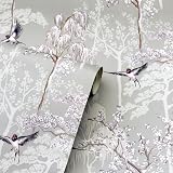 Arthouse Japanese Garden Grey Wallpaper Hand Drawn Trees Birds Pearlescent view 2
