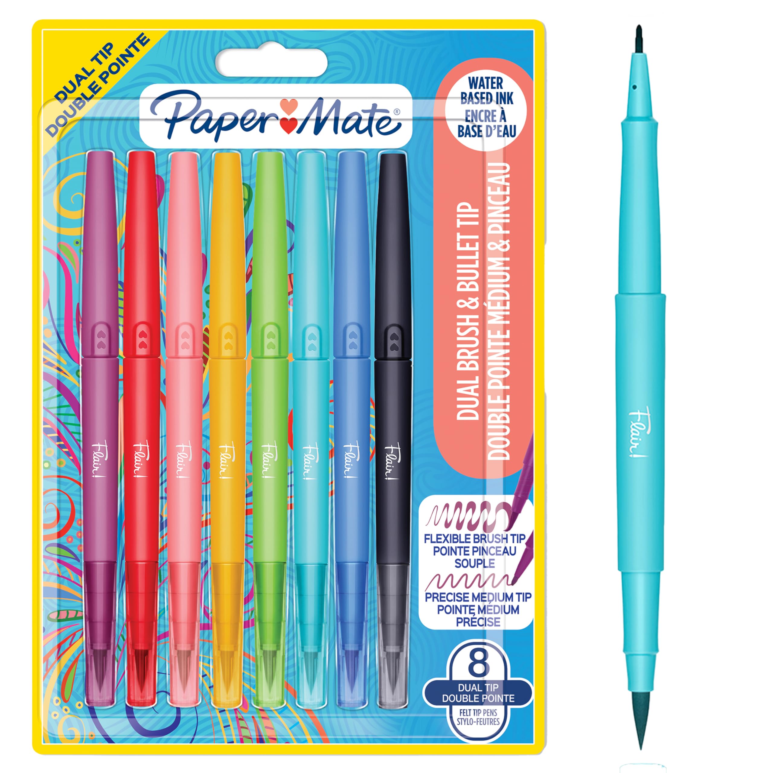 Paper Mate Flair DUAL Felt Tip Pens | Brush and Medium Tips (0.7mm) | Double Ended Colouring Pens | Assorted Colours | 8 Count — image 1