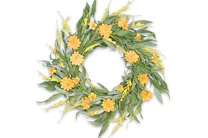 CARACALEAP 22" Spring Summer Wreath for Front Door Yellow Daisy Flower with Green Eucalyptus Leaves Artificial Wreath Farmhouse Indoors Outdoor Wedding or Home Décor