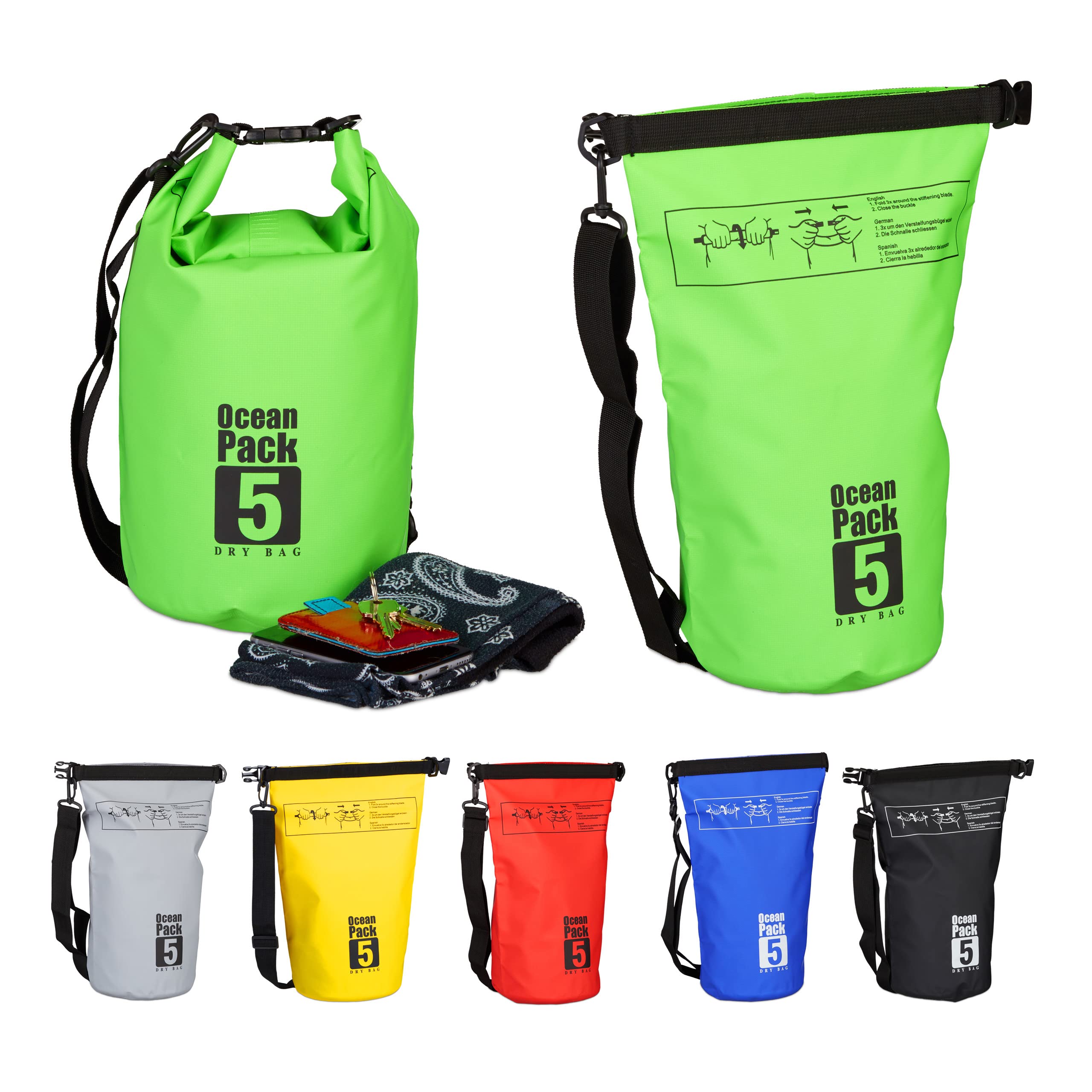 Relaxdays Dry Bag, 5L, Waterproof Ocean Backpack, Ultralight Gear for Kayaks, Boating, Skiing, Sailing; Green