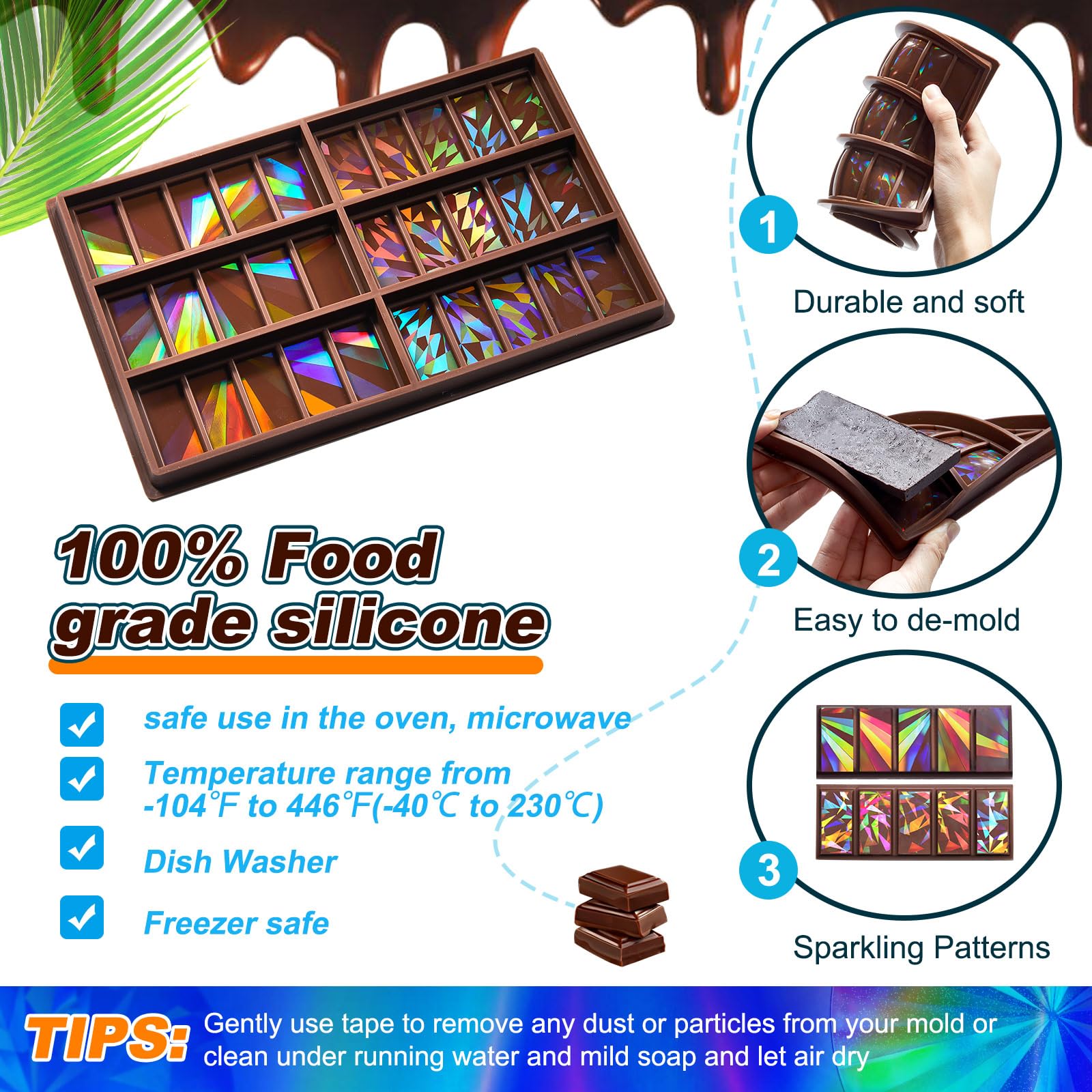 Holographic Chocolate Molds Resin Silicone Chocolate Bar Deep Thick Molds for Christmas Family DIY Baking Wax Melts Party Supplies(Windmill and Snowflake)