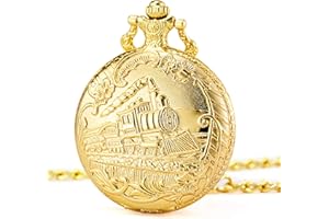 MORFONG Pocket Watch Steam Train Quartz Fob Watch for Men Women with Chain, Gold