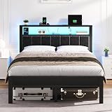 OLEVS Full Size Bed Frame with LED Lights & Charging Station, Modern Platform Bed with Upholstered Storage Headboard, No Box Spring Needed Easy Assembly
