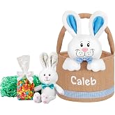 Let's Make Memories Personalized Easter Basket for Kids - Custom - For Boys and Girls - Fillable - With Optional Easter Basket Stuffers - 3-D Stuffed Bunny in Burlap - Blue