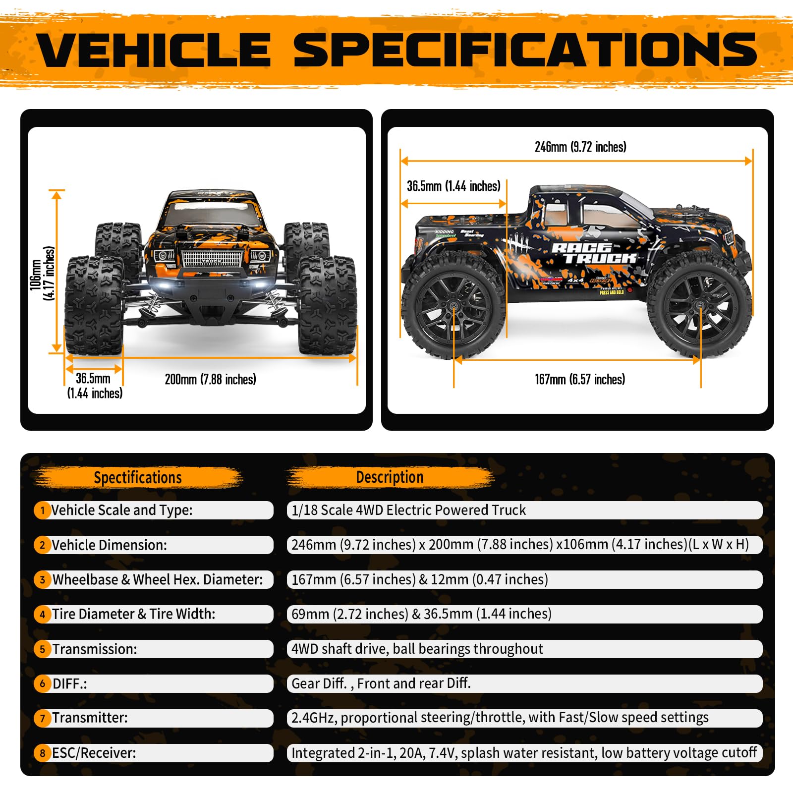 HAIBOXING 1:18 Scale RC Monster Truck 18859 36km/h Speed 4X4 Off Road Remote Control Truck,Waterproof Electric Powered RC Cars All Terrain Toys Vehicles with 2 Batteries,Xmas Gifts for Kid and Adults