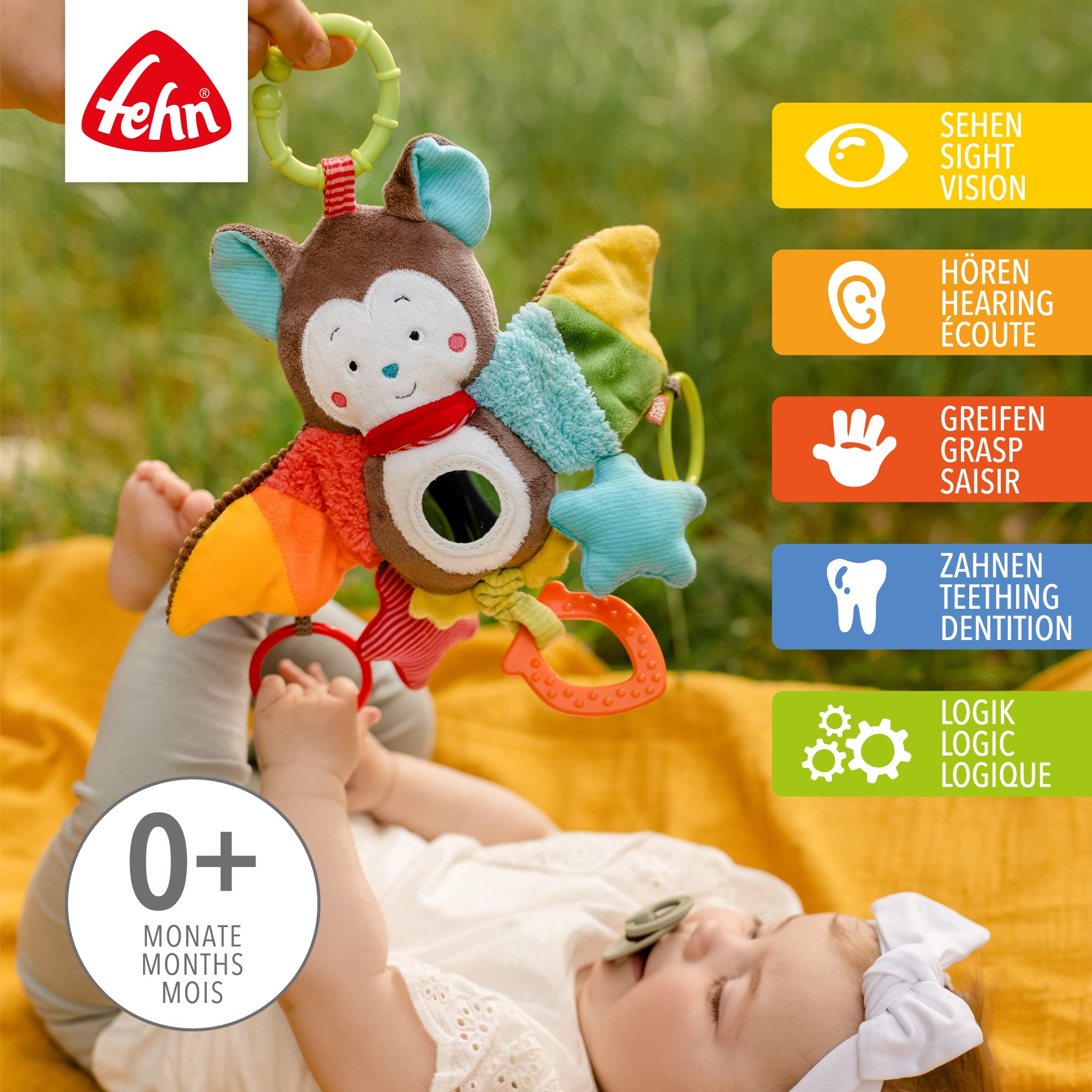 Fehn Activity-Spieltier Fledermaus – Baby Motorikspielzeug für Kinderwagen, Kinderbett und Babyschale zum Beißen, Greifen und Geräusche erzeugen - Beißring Spielzeug für Babys und Kinder ab 0+ Monaten 2