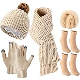 Geyoga 6 Pcs Winter Knit Set with Knit Beanie Hat Long Scarf Touchscreen Gloves Foldable Earmuff Fleece Socks for Women