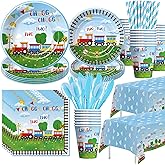 APOWBLS Chugga Chugga Two Two Birthday Party Supplies, Paper Plate, Cup, Napkin, Disposable Cutlery, Tablecloth, Train 2nd Birthday Decorations Tableware | Serves 24