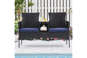 Affmitime Patio Conversation Loveseat 2 Seat outdoor patio furniture Setwith Cushions and Built-in Table with tempered glass top,for Balcony,Garden,Weather Resistant (Espresso-Blue)