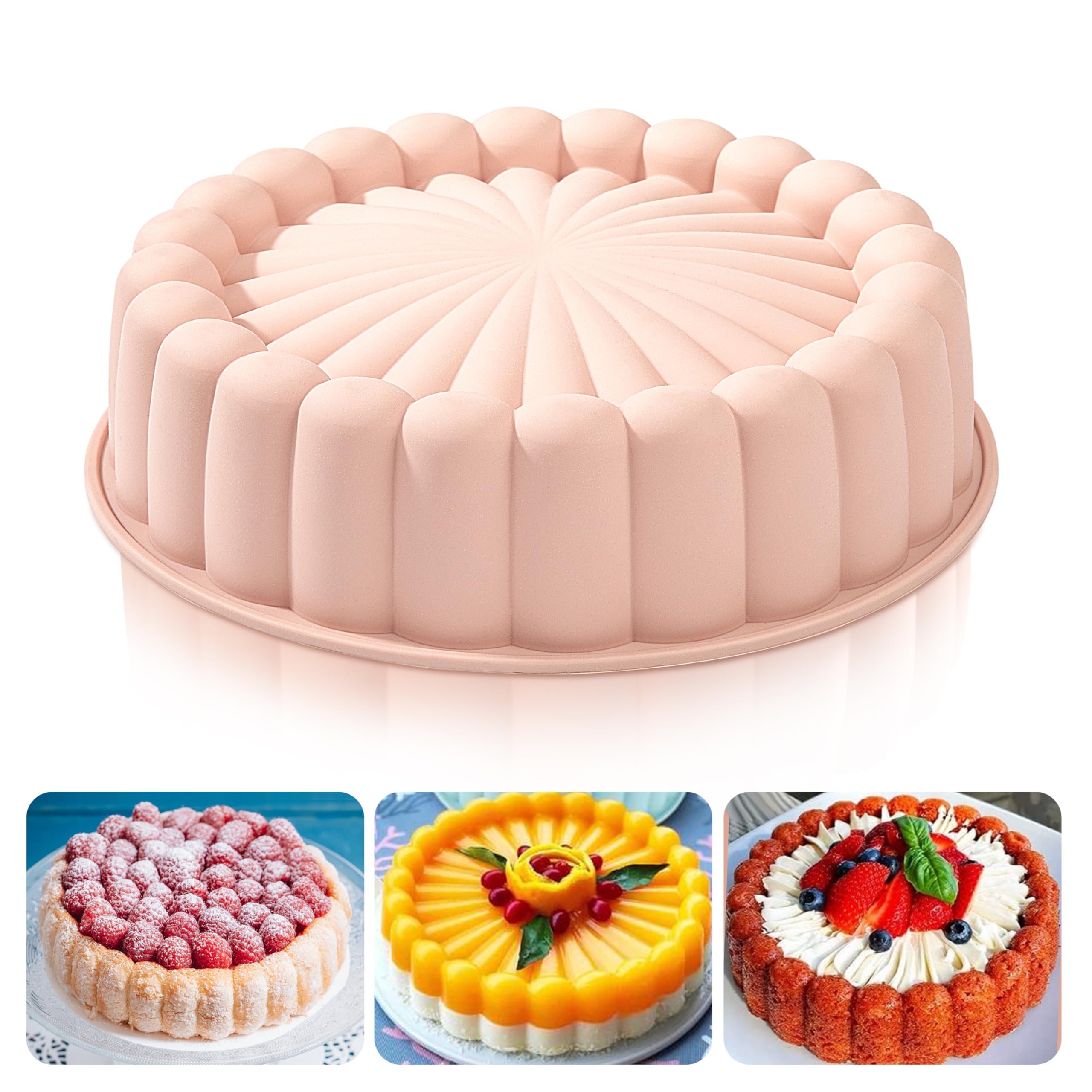 Heveer Silicone Charlotte Cake Pan 10 Inch Nonstick Round Silicone Molds Reusable Cake Mold Fluted Cake Pan for Baking Strawberry Shortcake Cheesecake Pink