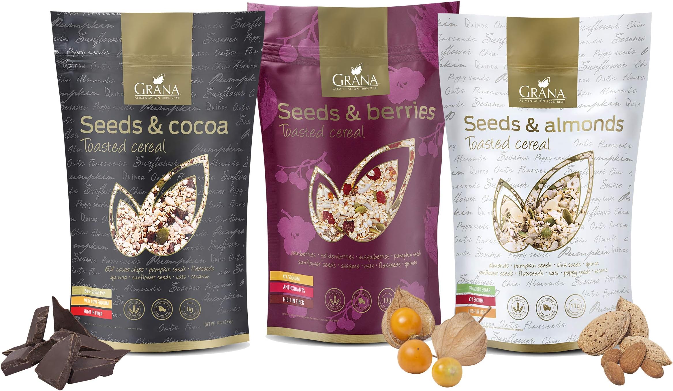 Grana Toasted Cereal Seeds – Low Carb Granola Cereal – 9 oz – Healthy Breakfast Cereal – Keto Friendly Granola Cereal – Healthy Cereal with no Added Sugar – Flavored Granola - Pack of 3 (Mixed)