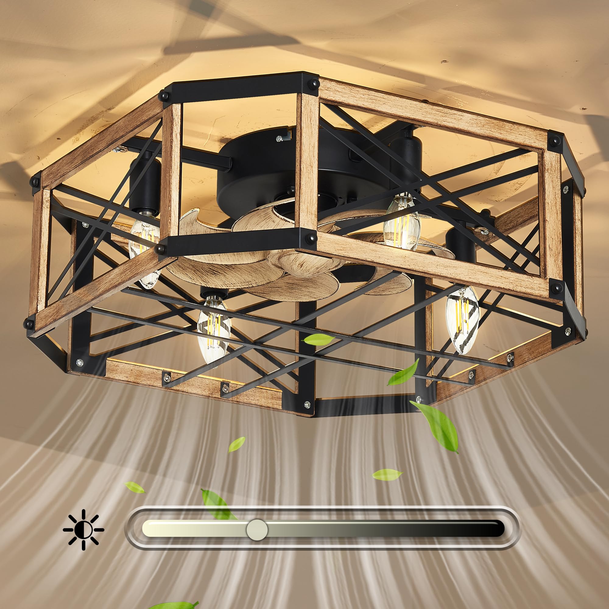 Photo 1 of 21'' Flush-Mount Ceiling Fan with Dimmable-Light and Memory Remote, Reversible-Motor, Perfect for Bedroom, Living room, Kitchen, Outdoor Gazebo, Patio, Low-Profile Design Farmhouse Cage, White Oak