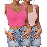 2PCS Crop Tops for Women, U Neck Sleeveless Tank Tops, Basic Cropped Racerback Going Out Tops Athletic Sports Shirts, X-Small, Pink+Rose