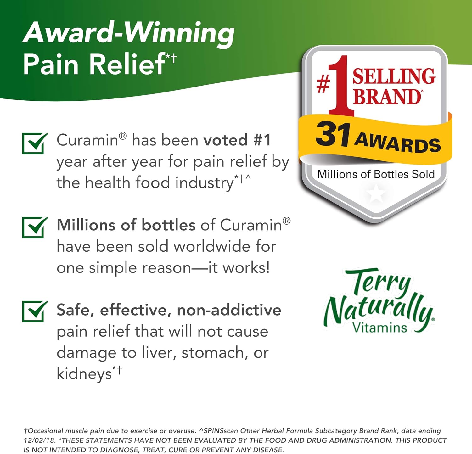 Terry Naturally Curamin - 120 Vegan Capsules - Non-Addictive Pain Relief Supplement with Curcumin from Turmeric, Boswellia & DLPA - Non-GMO, Gluten-Free - 40 Servings: Health & Personal Care