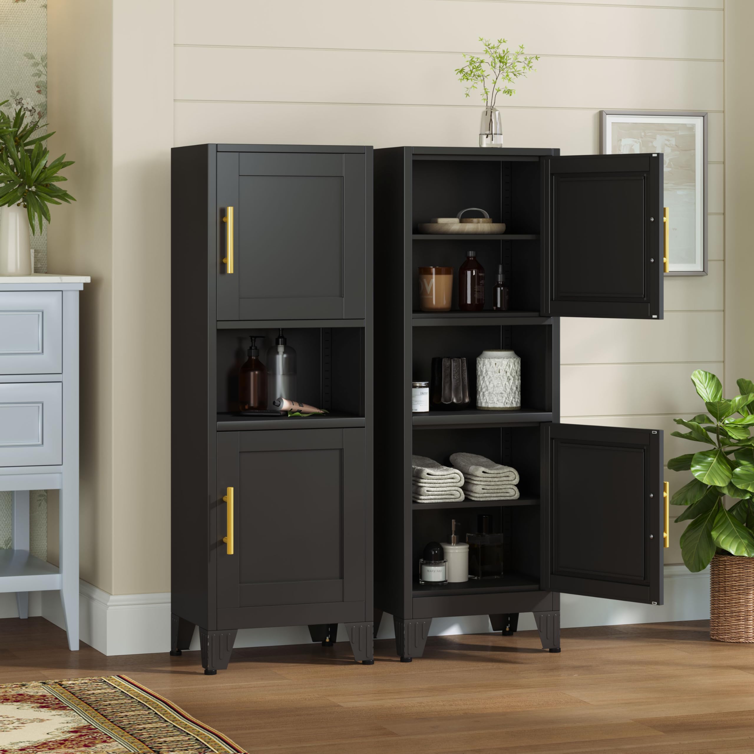 pozdeg Bathroom Storage Cabinet, 47.27" H Metal Kitchen Pantry Cabinet with 2 Doors and 2 Adjustable Shelves, Space Narrow Bathroom Organizer for Kitchen, Living Room, Home Office