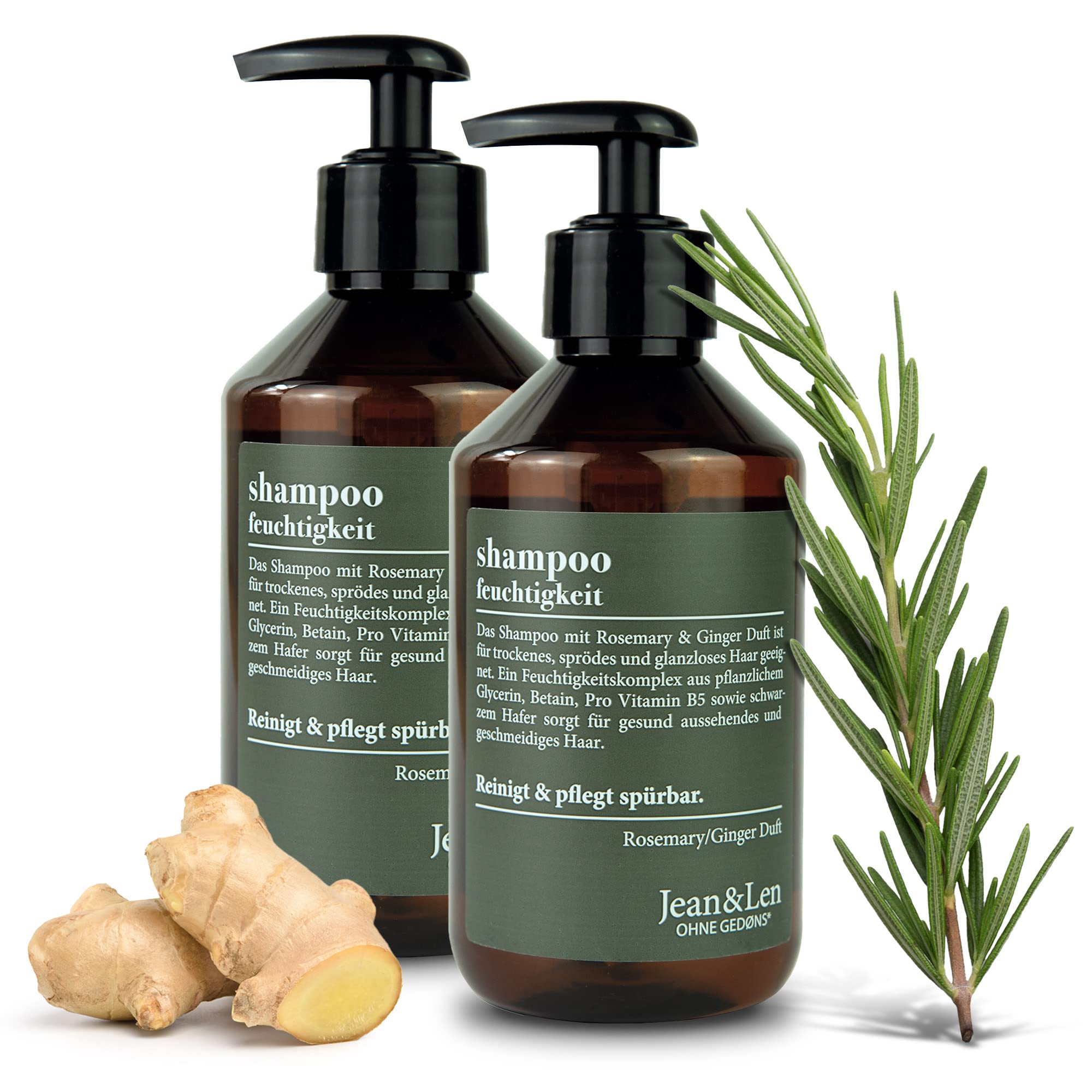 Jean & Len Rosemary & Ginger 2903100101 Moisturising Shampoo for Dry, Brittle Hair, Paraben Free and Silicone, 300 ml, Pack of 2
