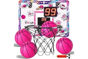 LovesTown Pink Indoor Mini Basketball Hoop, for Girls Ages 4-12, Over The Door Hoop with LED Lights & Electronic Scoreboard, 4 Balls, DIY Stickers, Sports Toys for Family Game Night