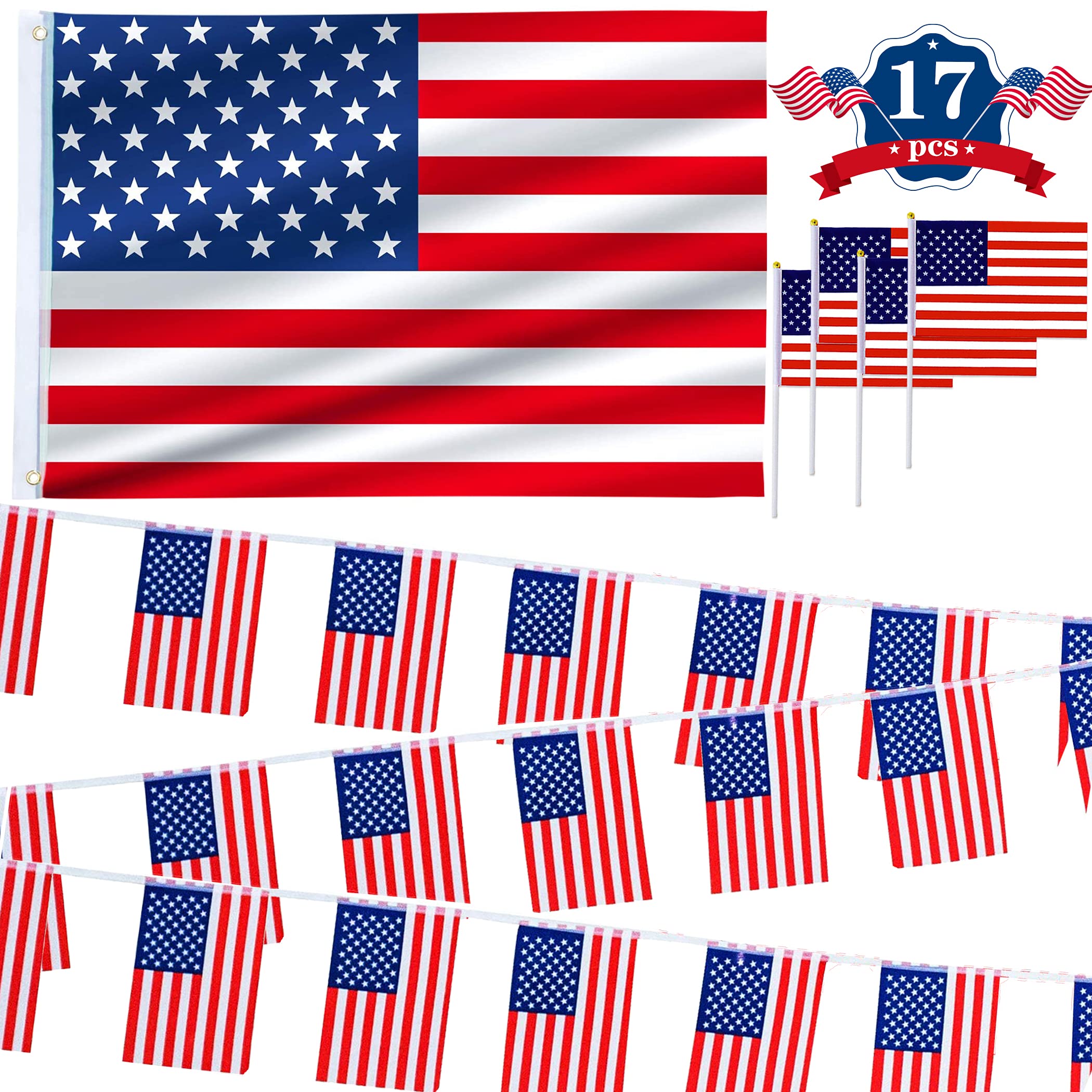 Funnlot American Flags 3ft x 5 ft, American Flag Bunting, USA Flags, 15 Handheld American Flags for 4th of July Party Decorations, Independence Day Decorations, Patriotic American Flag Decorations