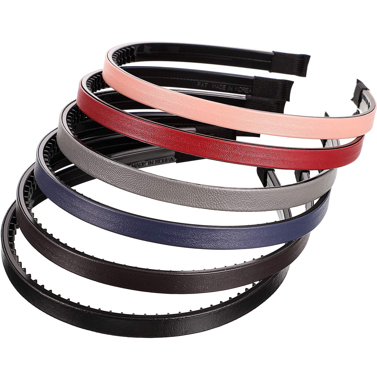 6 Pieces Skinny Leather Covered Headband Plastic Skinny Headband Hair Loop Clasp Hairbands Solid Simple Headband for Women and Girls (Lustrous Pink, Rose Red, Blue, Gold, Silver and Grey) : Beauty