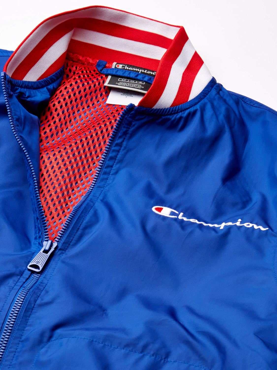Champion LIFE Men's Satin Baseball Jacket-Left Chest Script, Surf The Web/Scarlet: Clothing