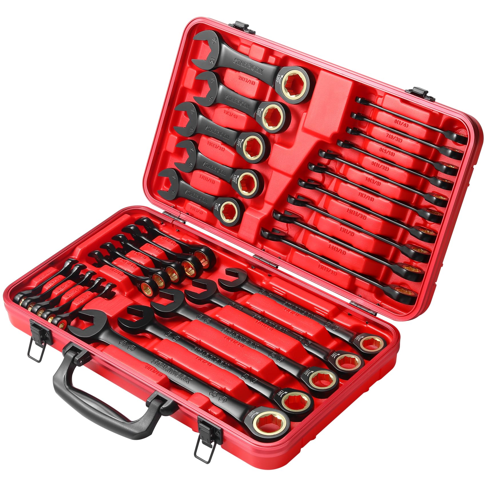 STARWORK True Mechanic™ 30-Piece 120T SAE and Metric Ratchet Wrench Set, Gift Series with Red Case, Professional