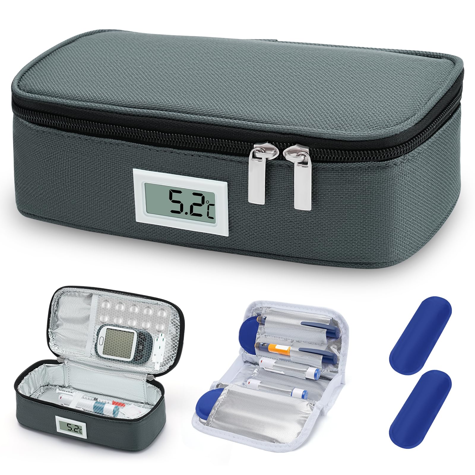 LYtech Insulin Cooler Case with Temperature Display Diabetic Cooler Case with 2 Ice Packs EpiPen Carrying Case Medication Organizer Bag Emergency Medical Pouch for Home and Travel