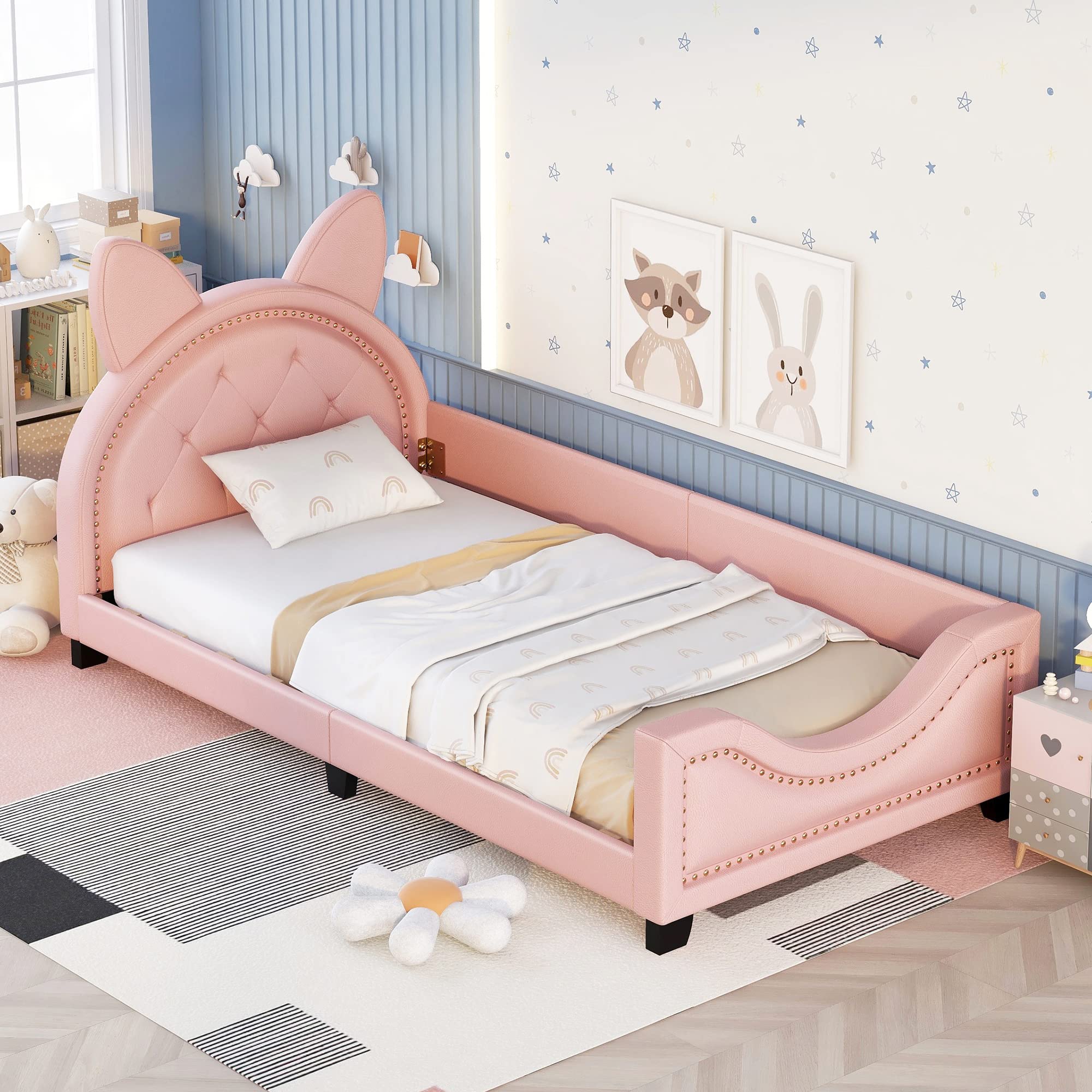 Photo 1 of Twin Size Bed Frame for Kids,Upholstered Kids Bed with Carton Ears Shaped Headboard, Cute Twin Girls Bed,Daybed Bed Frame for Girls,Boys,Pink