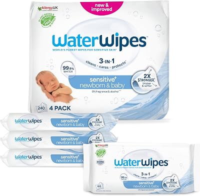 Sensitive+ Newborn & Baby Wipes, Toallitas Para Recién Nacidos y Bebés, 240 unidades (paquete de 4), 3 en 1 Limpia, Cuida, Protege, 99,9% Agua, Sin perfume