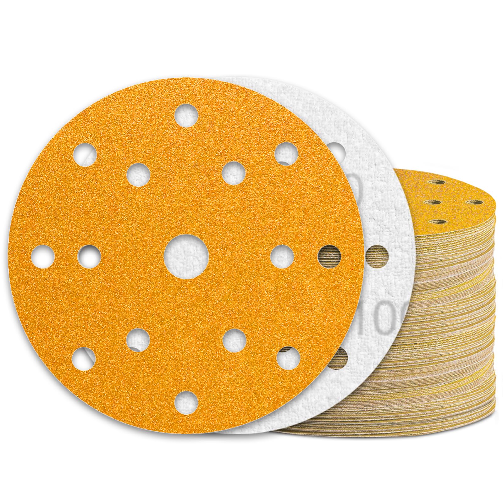 KONGMING 60 Pcs 150mm Sanding Discs Grit 100 Hook and Loop 15 Hole for Random Orbital Sander