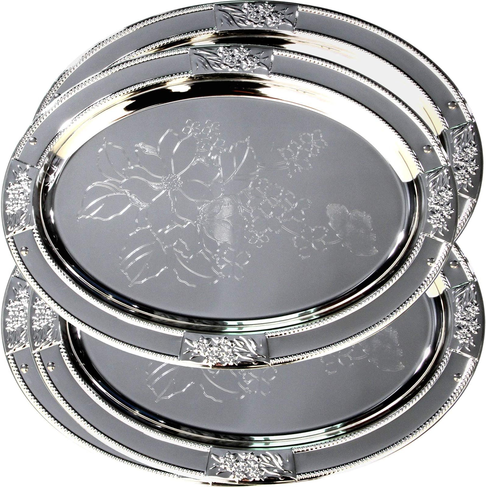 Maro Megastore (Pack of 4) 20.1-Inch x 14.6-Inch Oval Chrome Plated Serving Tray Edge Floral Engraved Decorative Wedding Birthday Buffet Party Dessert Food Snack Wine Platter Plate 2160 L Tla-061