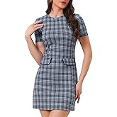 Allegra K Work Dress for Women Short Sleeve Vintage Houndstooth Above The Knee Dress