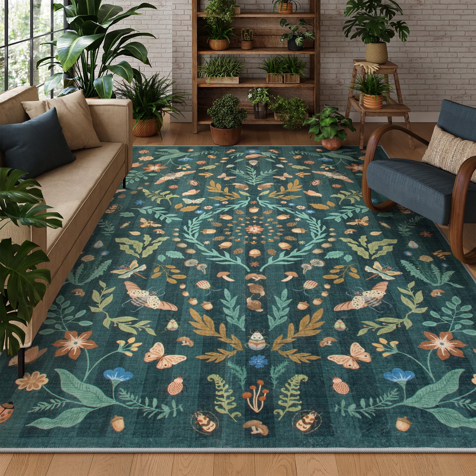Lahome Insect Botanical Washable 8x10 Area Rugs for Living Room, Non Slip Green Rug for Bedroom, Boho Indoor Throw Dining Room Carpet for Under Table Home Office Playroom(Dark Green,8x10) Image