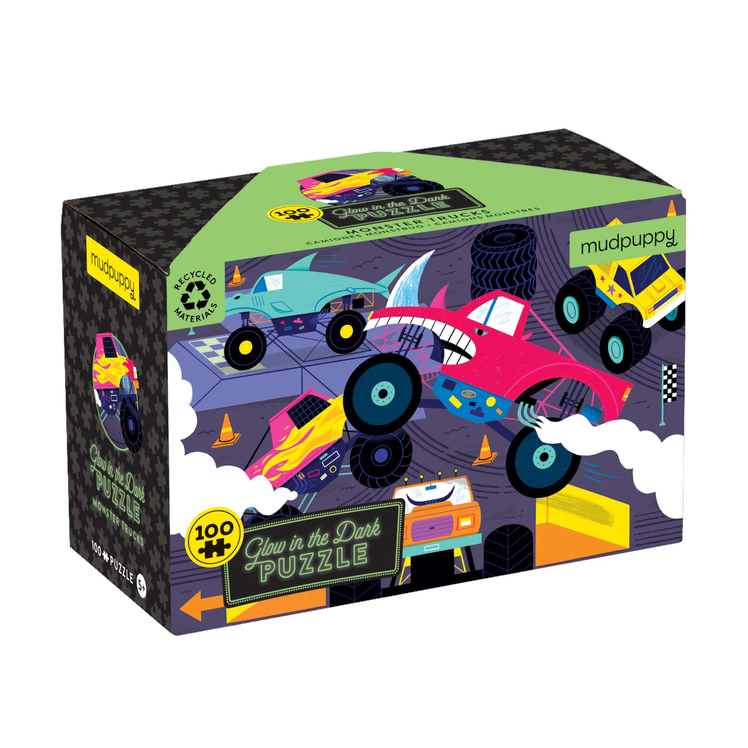 Mudpuppy Monster Trucks – 100 Piece Glow in The Dark Jigsaw Puzzle with an Exciting Scene of Trucks and Cars Racing and Hidden Speedy Details in The Dark
