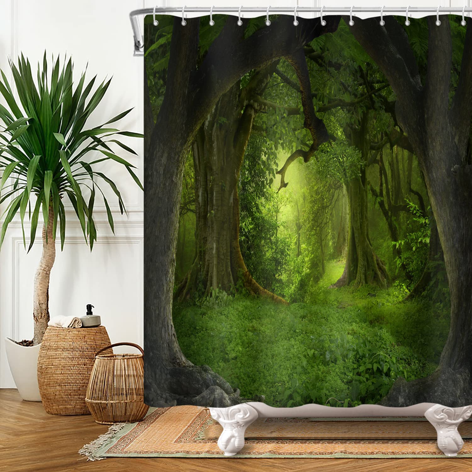 SDOTPMT 180x240cm Magic Forest Shower Curtain Fairytale Fantasy Jungle Tree Green Plant Grassland Bath Curtain Natural Landscape Bathtub Curtain for Bathroom Decor Fabric Polyester with Hooks — image 1