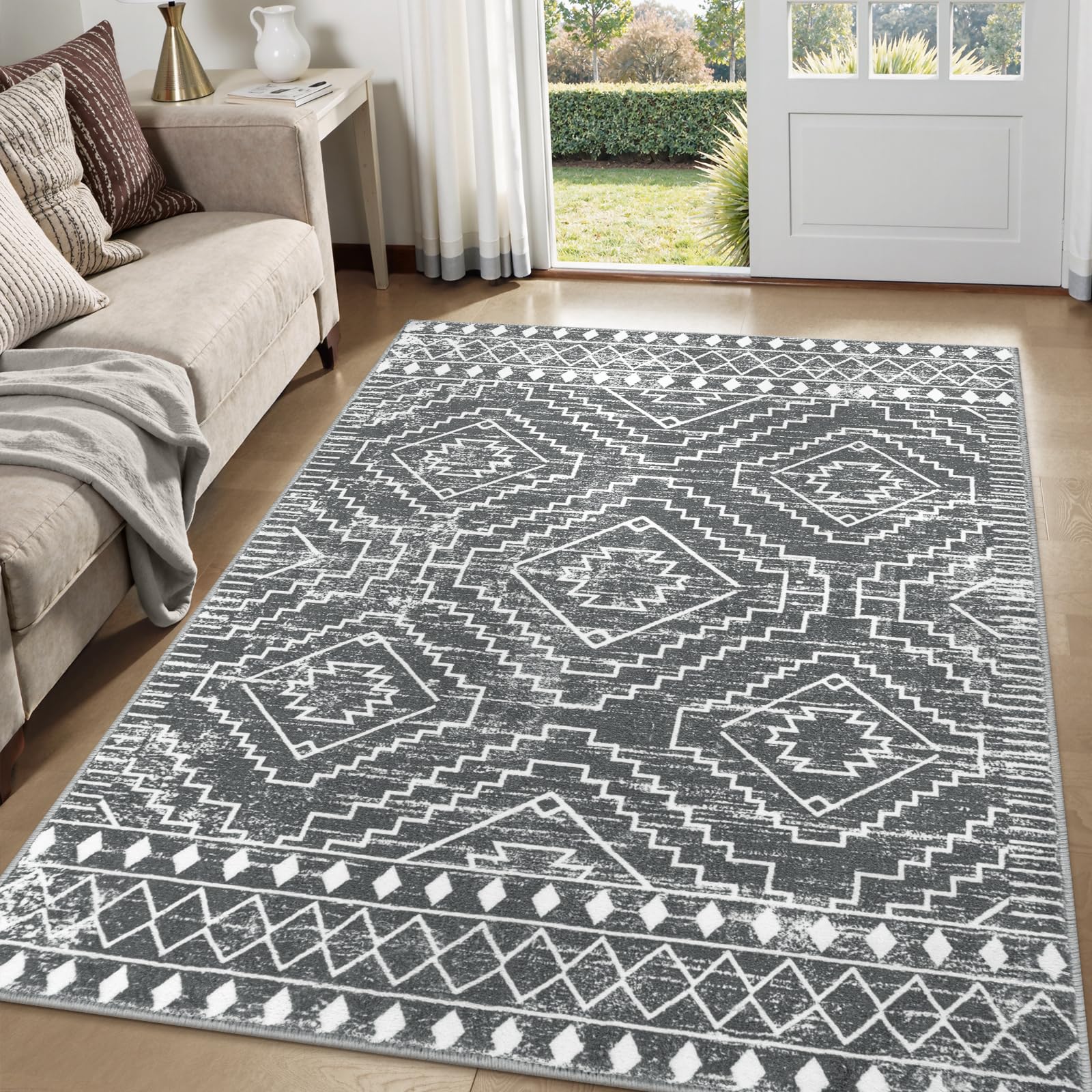 Photo 1 of Wonnitar Moroccan 5x7 Washable Rug, Large Grey Area Rug for Living Room, Non-Slip Boho Bedroom Carpet Thin Soft Non-Shedding Farmhouse Rug for Dining Room Table Kitchen Home Office (Dark Grey,5'x7')