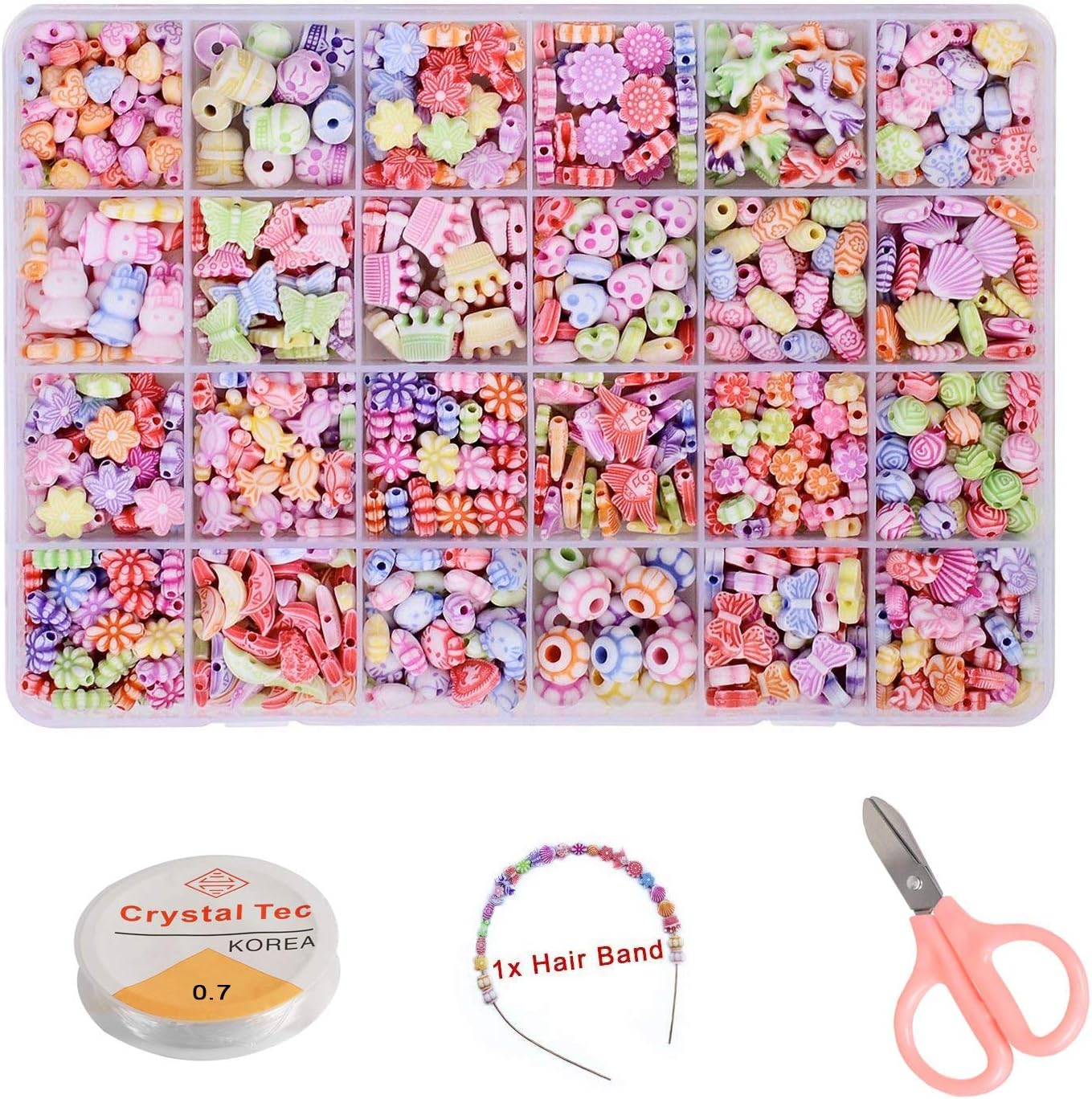 LAISHOW 1200Pcs Children DIY Beads Girls Bracelet Necklace DIY Beads Creative Jewelry Making Set with Beads Strings, Scissors & Hair Hoop (1200pcs)