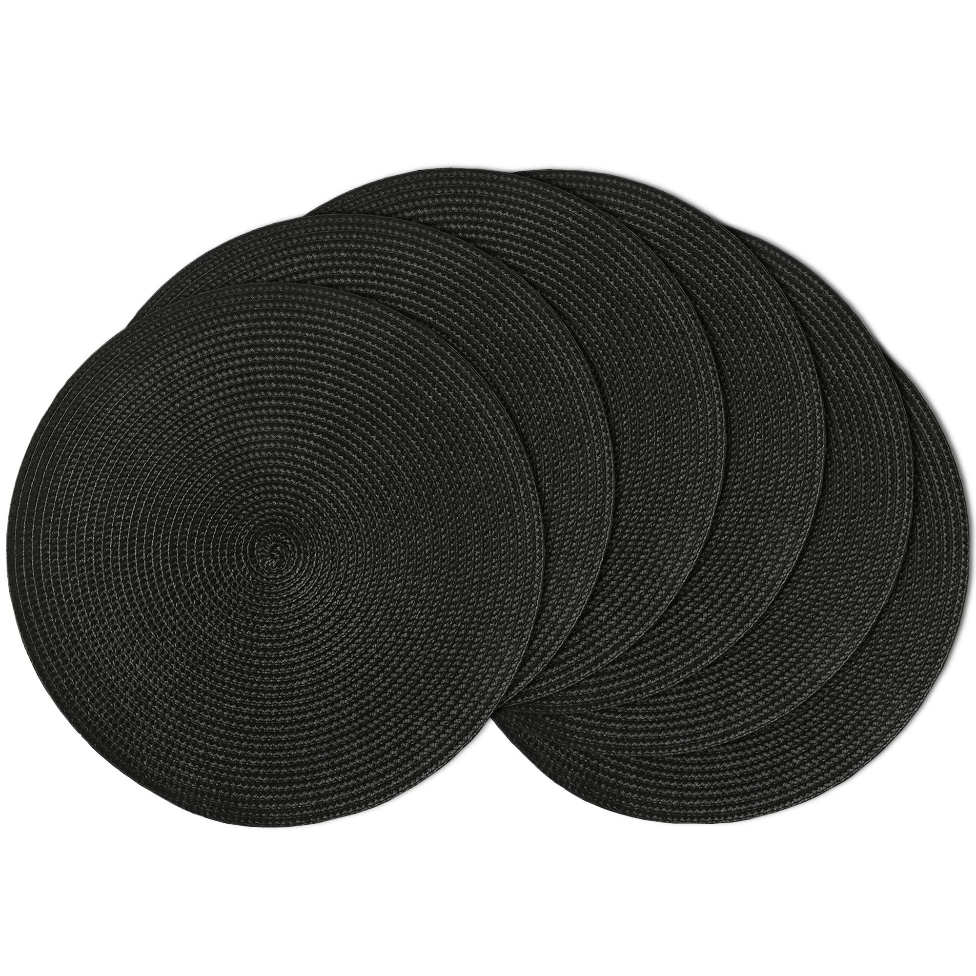 Black Round Placemats, 14.17 Inch Table Mats Set of 6, Washable Place Mats Heat Resisitant Table Placemats for kitchen Indoor Outdoor Home Restaurant
