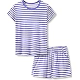Tebbis Little & Big Girls Striped & Cat Pajama Set - Soft Modal Fiber 2-Piece Summer PJ’s in Sizes 6-18