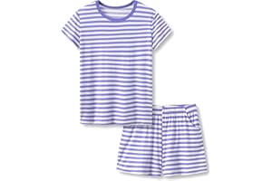 Tebbis Little & Big Girls Striped & Cat Pajama Set - Soft Modal Fiber 2-Piece Summer PJ’s in Sizes 6-18