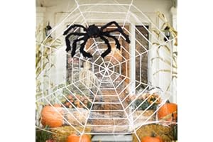 ESSENSON Halloween Decorations - 12 FT Giant Round Spider Web and Fake Large Hairy Spider Props Scary Halloween Yard Door & Outdoor Decor with Super Stretch Cobweb Decorations Party Favors