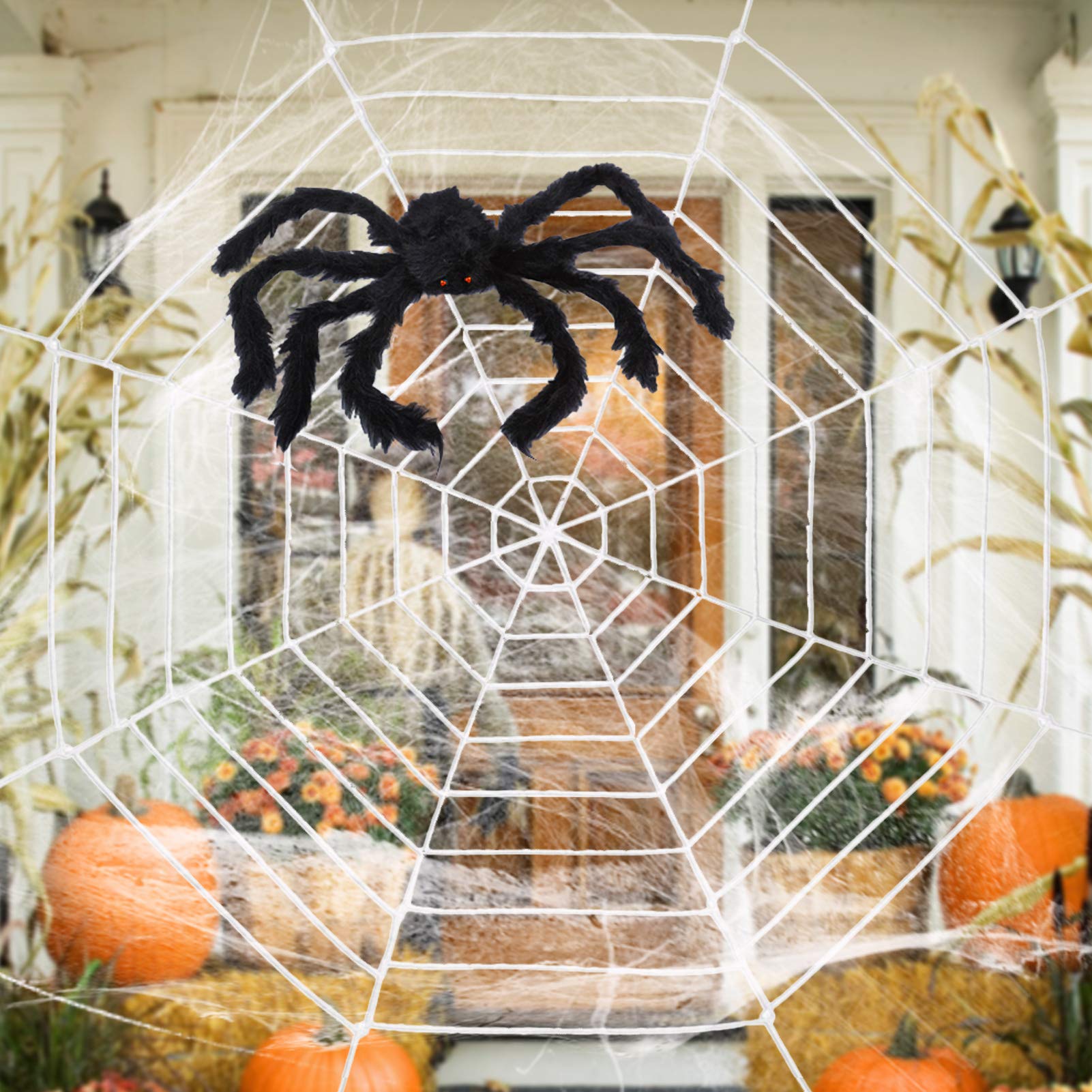 Photo 1 of ESSENSON Halloween Decorations - 12 FT Giant Round Spider Web and Fake Large Hairy Spider Props Scary Halloween Yard Door & Outdoor Decor with Super Stretch Cobweb Decorations Party Favors