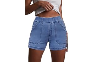 HVEPUO Womens Jean Shorts High Waisted Summer Cotton Stretchy Casual Pull On Beach Elastic Waist Denim Shorts with Pockets