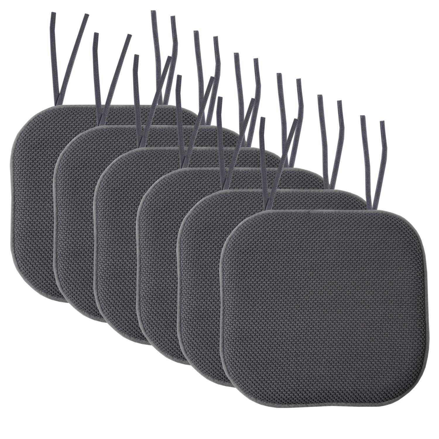 Sweet Home Collection Chair Cushion Memory Foam Pads with Ties Honeycomb Pattern Slip Non Skid Rubber Back Rounded Square 16" x 16" Seat Cover, 6 Pack, Charcoal Gray 6 Pack Image