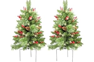 HOMEKAREN Christmas Tree 30 inch Prelit 2 Set Pathway Porch Christmas Trees Pre-Light LED Battery Operated Outdoor Xmas Decor for Entrance Driveway, Yard, Garden, Red Berries, Pine Cones